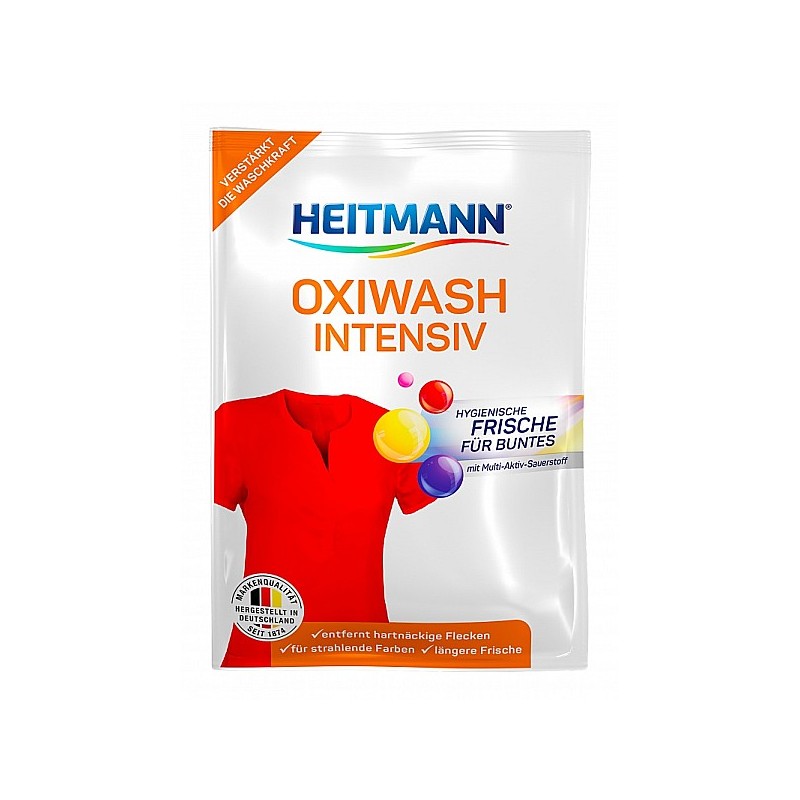 Odplamiacz, saszetka jednorazowa, do białych i kolorowych, Oxi wash intensiv - Heitmann, 50 g. do kolorowych,ubrań, odplamiacz