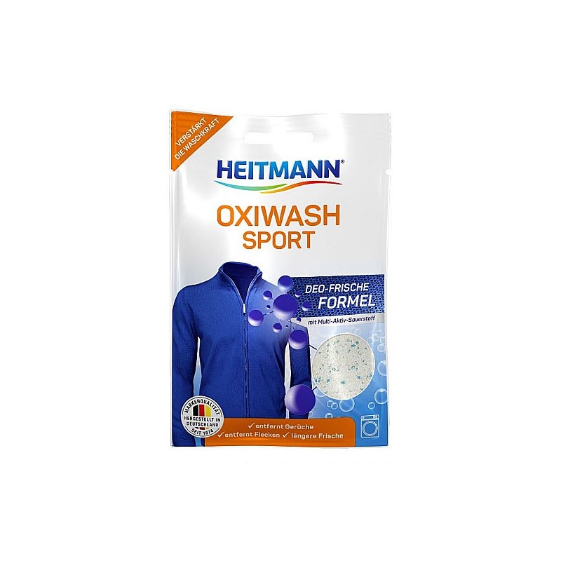 Odplamiacz, neutralizator, w proszku, saszetka, do ubrań sportowych, dresów, usuwa zapach potu, Oxiwash Sport - Heitmann, 50 g.