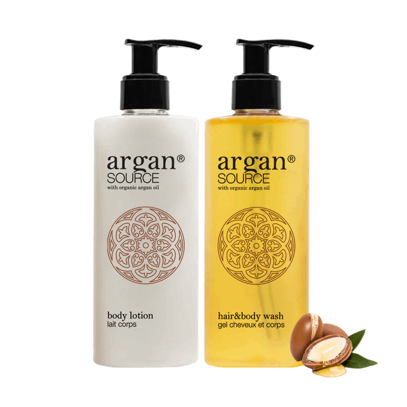 Kosmetyki arganowe, hotelowe, pod prysznic, lotion do ciała, z olejkiem, arganowym, komplet - Argan Source, 2x300 ml.
